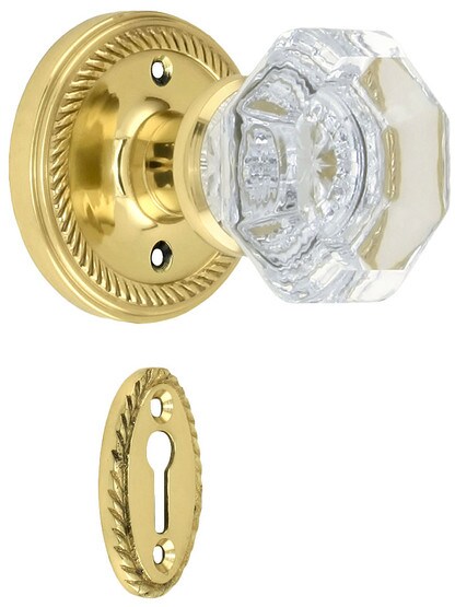 Rope Rosette Mortise Lock Set With Waldorf Crystal Knobs Polished Brass.